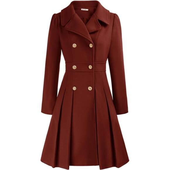 Women's Fashion Trench Coat Notch Lapel Double Breasted Dark Red
